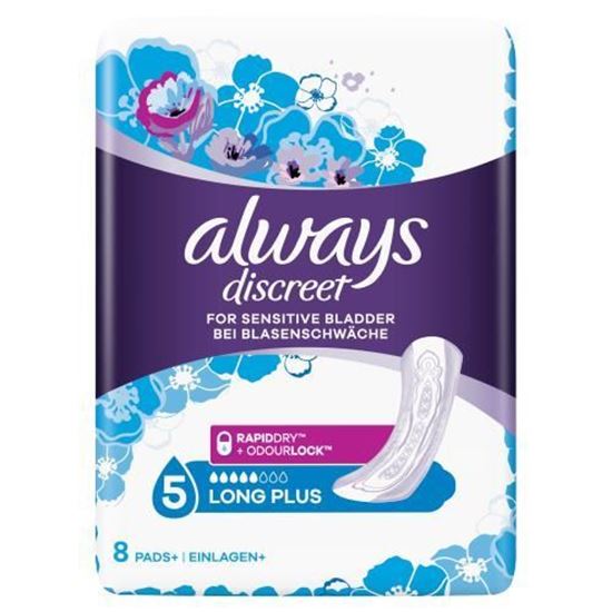 Picture of Always Discreet Incontinence, long Pads (Pads+) for women with sensitive bladder, 5 drops absorbency, 8 count